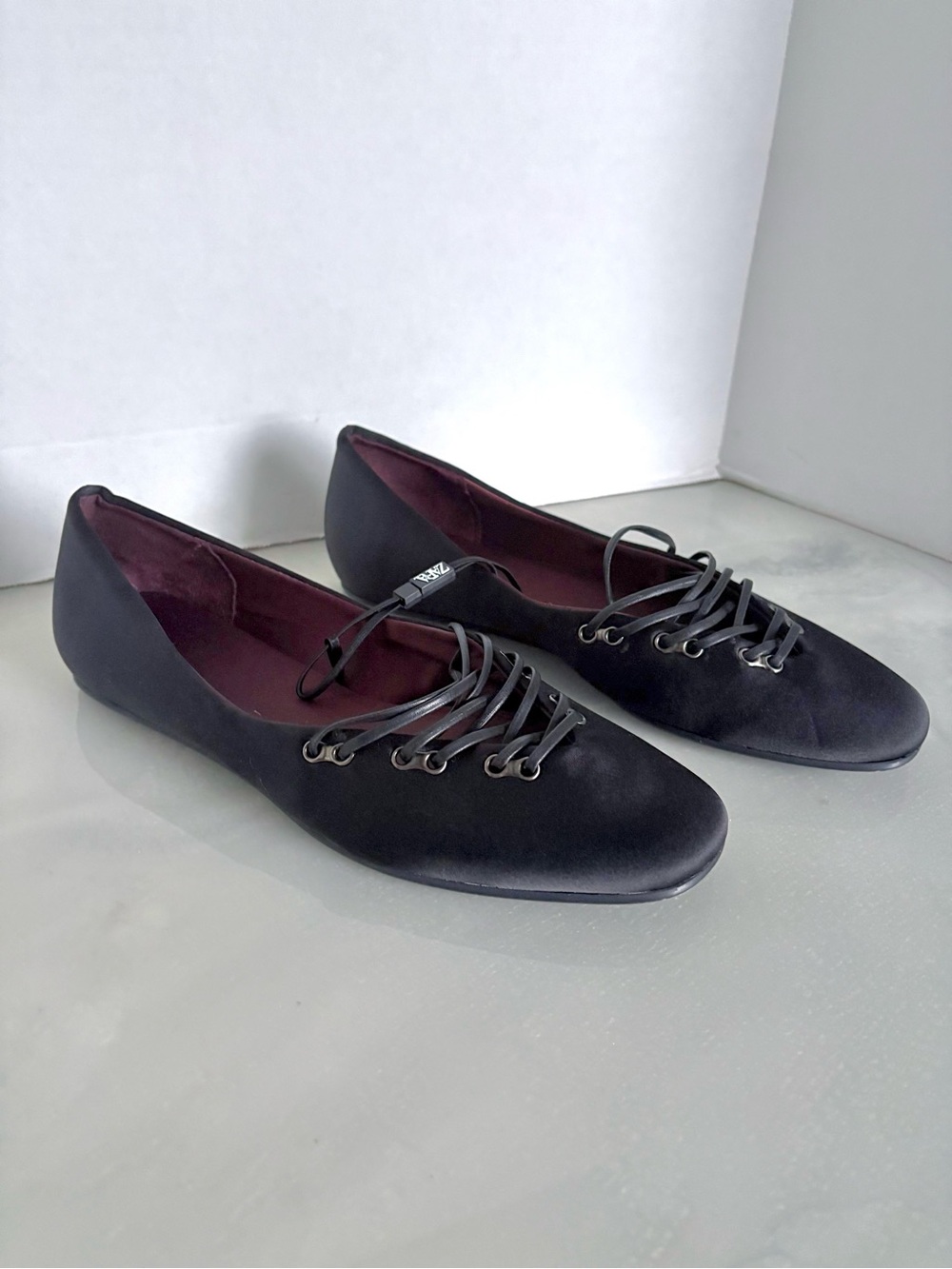 Zara Black Satin Lace-Up Ballet Flats Size EU 37/ US 6.5/7